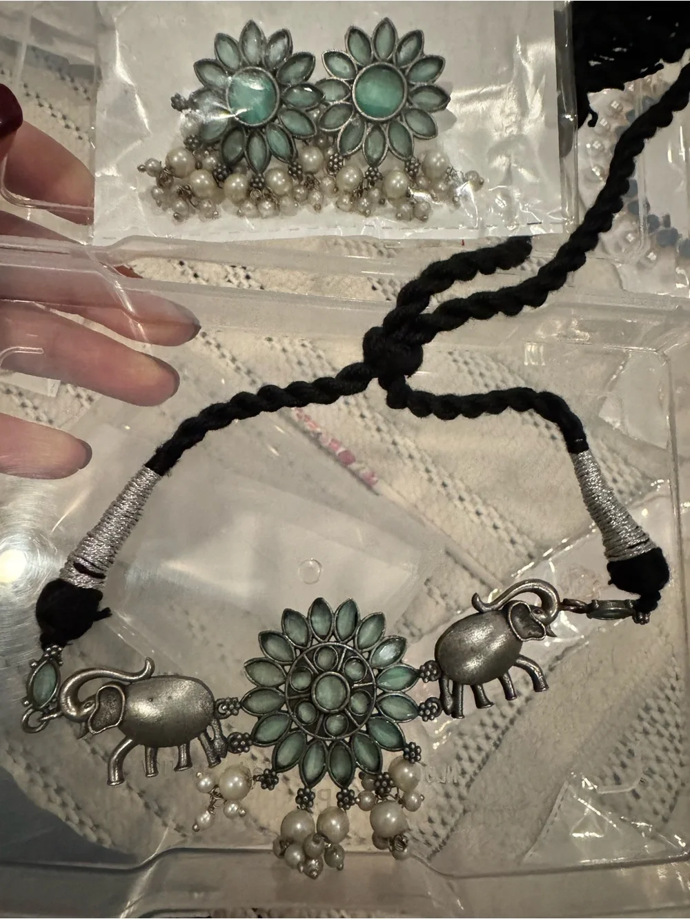 Desi Floral Mint Green Elephant Necklace and Earring Set - Women Jewelry